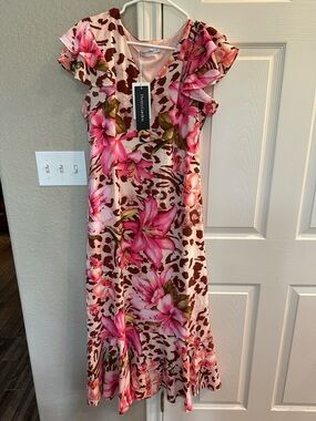 Pink Floral Ruffle-Sleeve Midi Dress